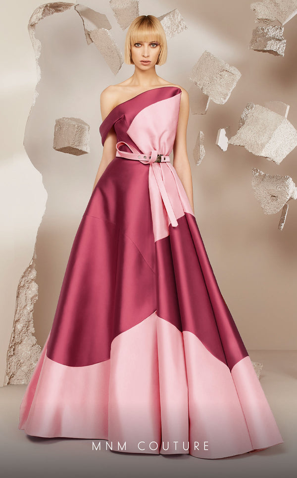 One-Shoulder Floor-Length Satin Evening A-Line MNM Couture E0014