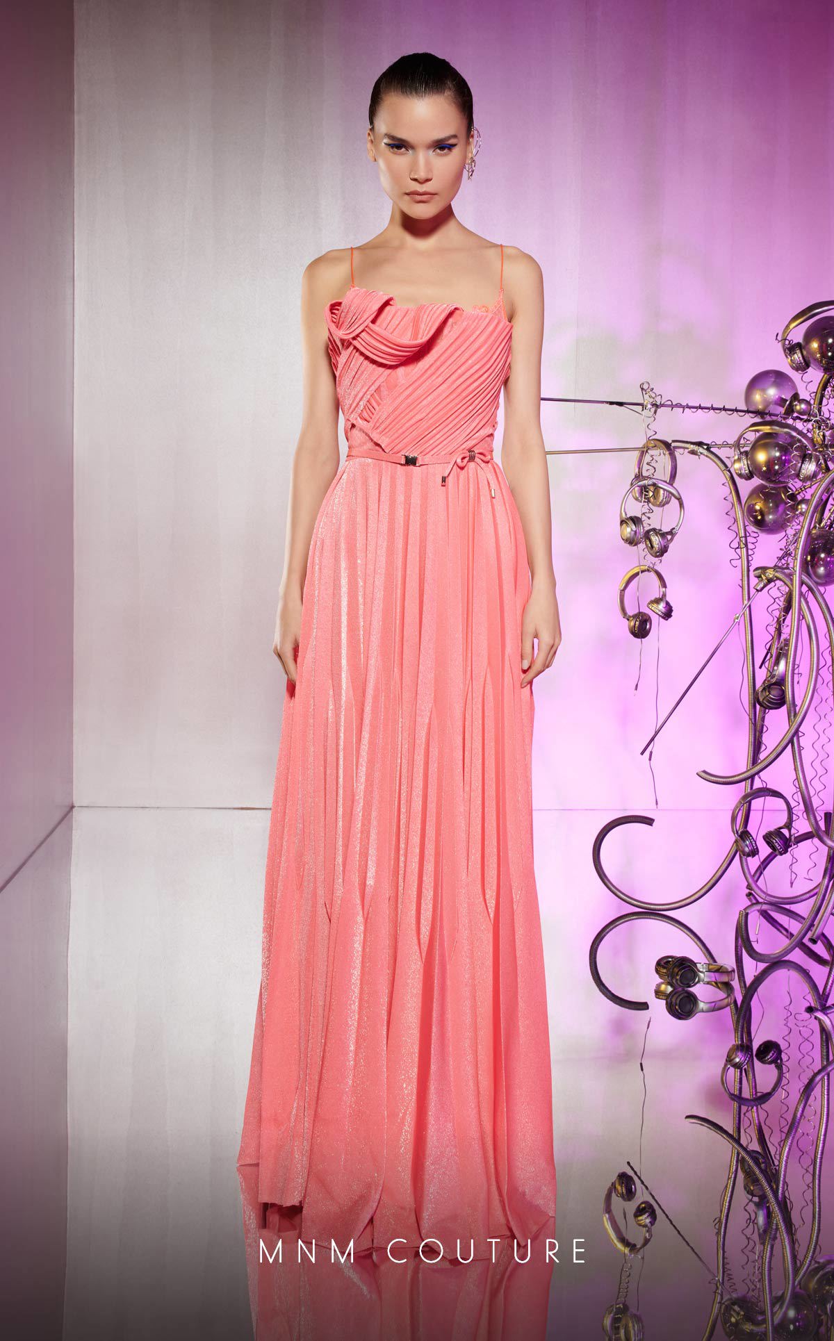 MNM Couture E0045 Long Pleated A Line Lace Evening Formal Dress