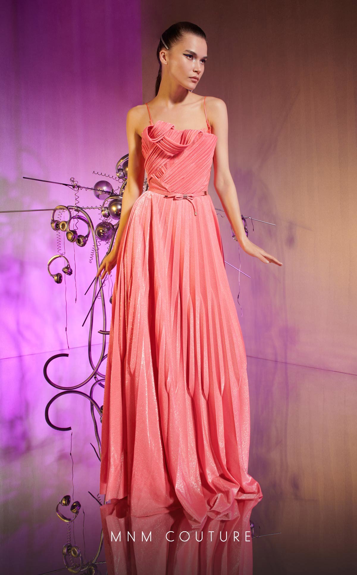 MNM Couture E0045 Long Pleated A Line Lace Evening Formal Dress