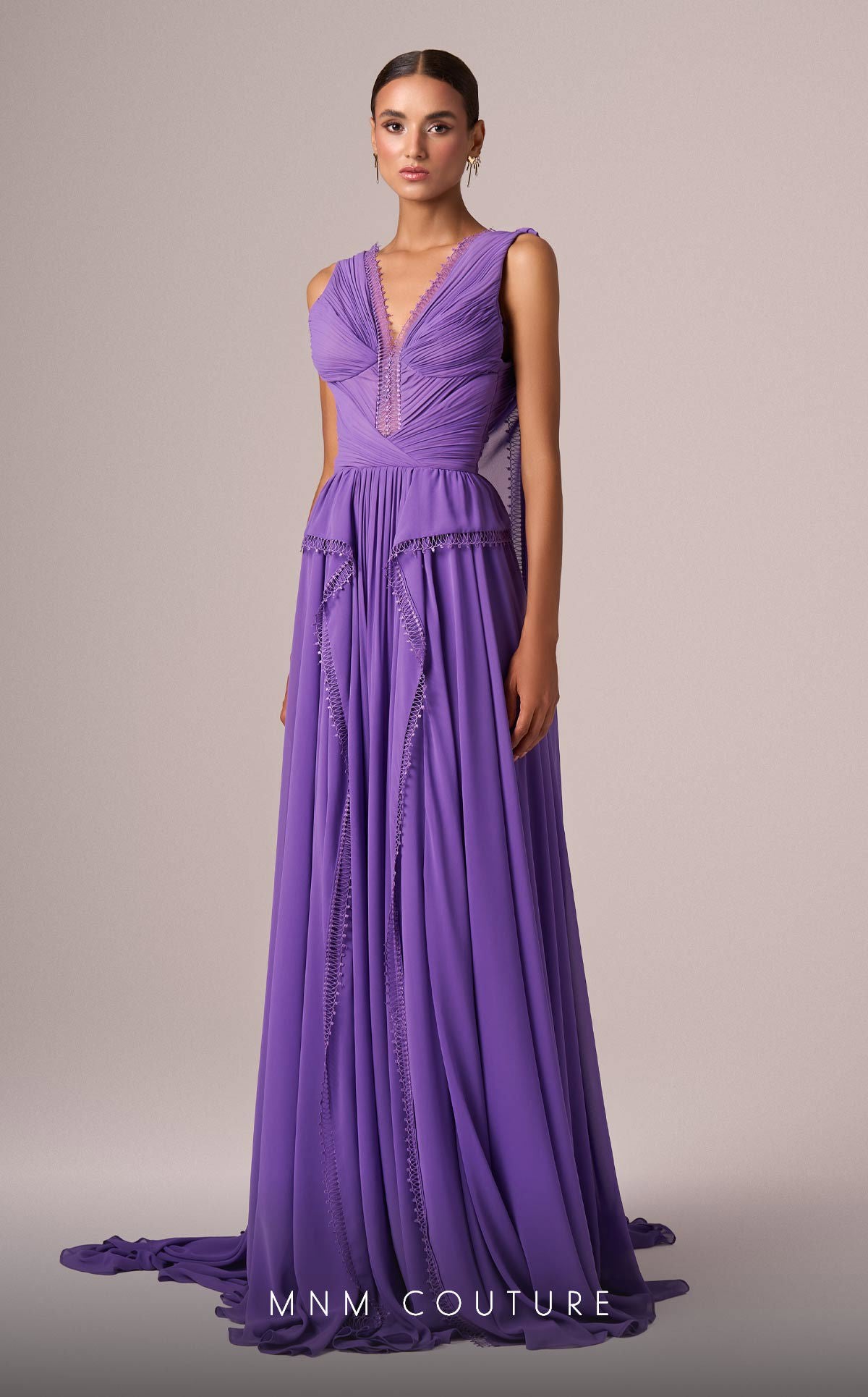 Formal Dresses Cape Long Pleated Formal Dress MNM Couture E0086 Purple
