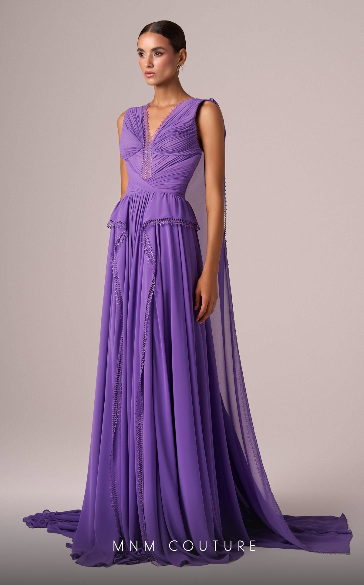 Formal Dresses Cape Long Pleated Formal Dress MNM Couture E0086 Purple