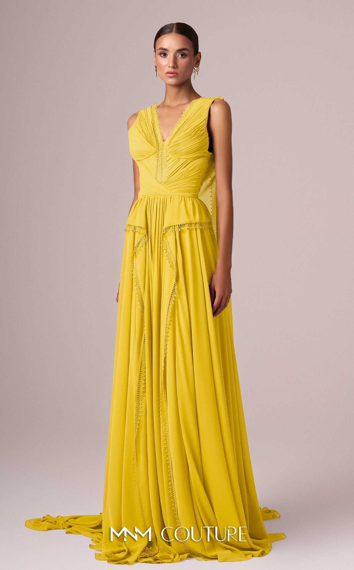 Formal Dresses Cape Long Pleated Formal Dress MNM Couture E0086 Yellow
