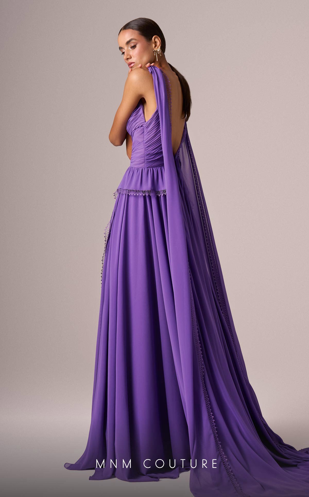 Formal Dresses Cape Long Pleated Formal Dress MNM Couture E0086 Purple