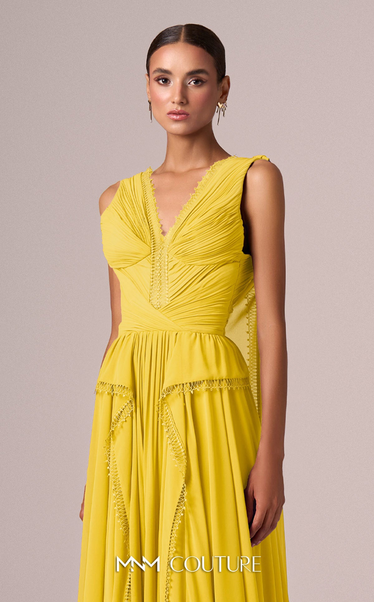 Formal Dresses Cape Long Pleated Formal Dress MNM Couture E0086 Yellow