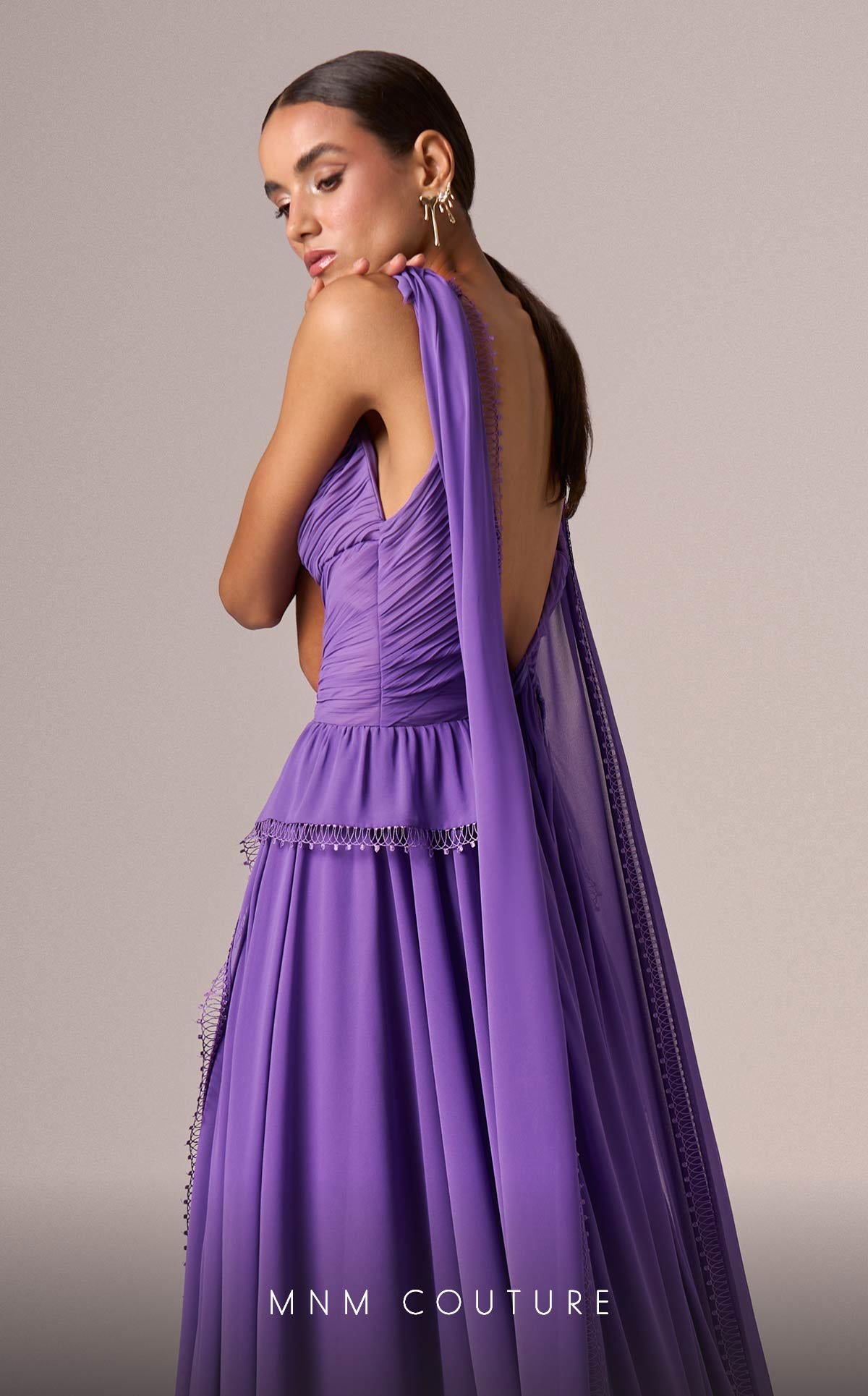 Formal Dresses Cape Long Pleated Formal Dress MNM Couture E0086 Purple