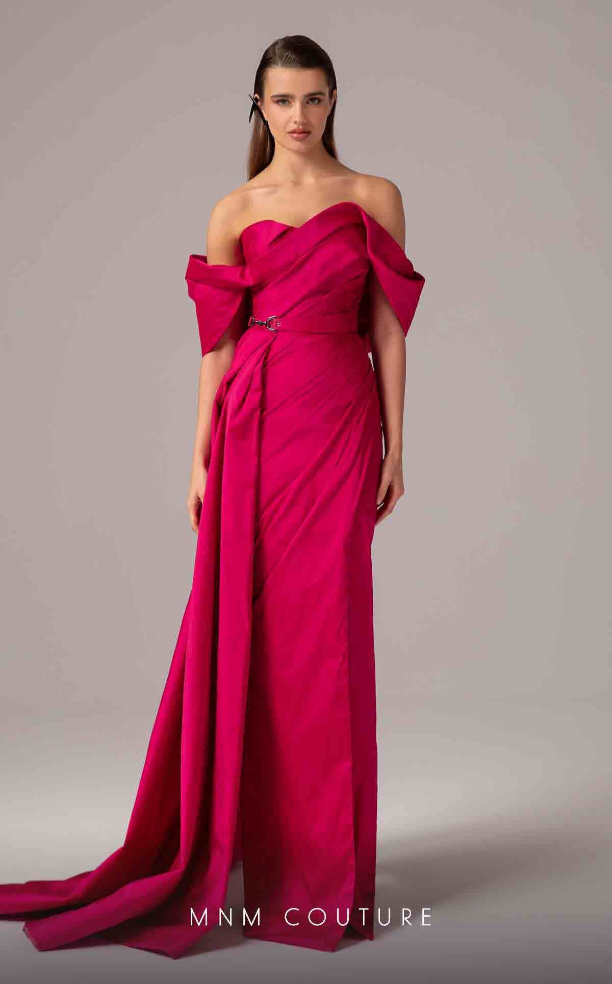 Off-Shoulder Floor-Length Satin Formal Gown by MNM Couture E0090 in Pink