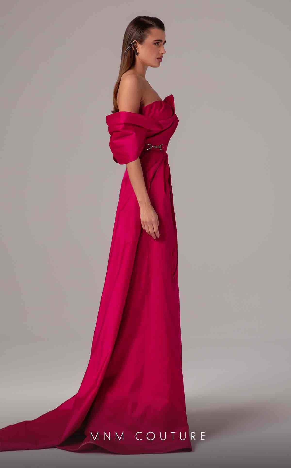 Off-Shoulder Floor-Length Satin Formal Gown by MNM Couture E0090 in Pink
