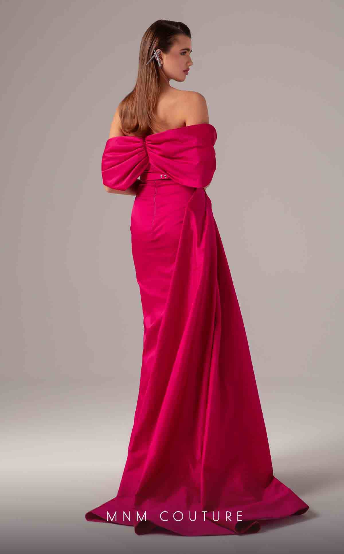 Off-Shoulder Floor-Length Satin Formal Gown by MNM Couture E0090 in Pink