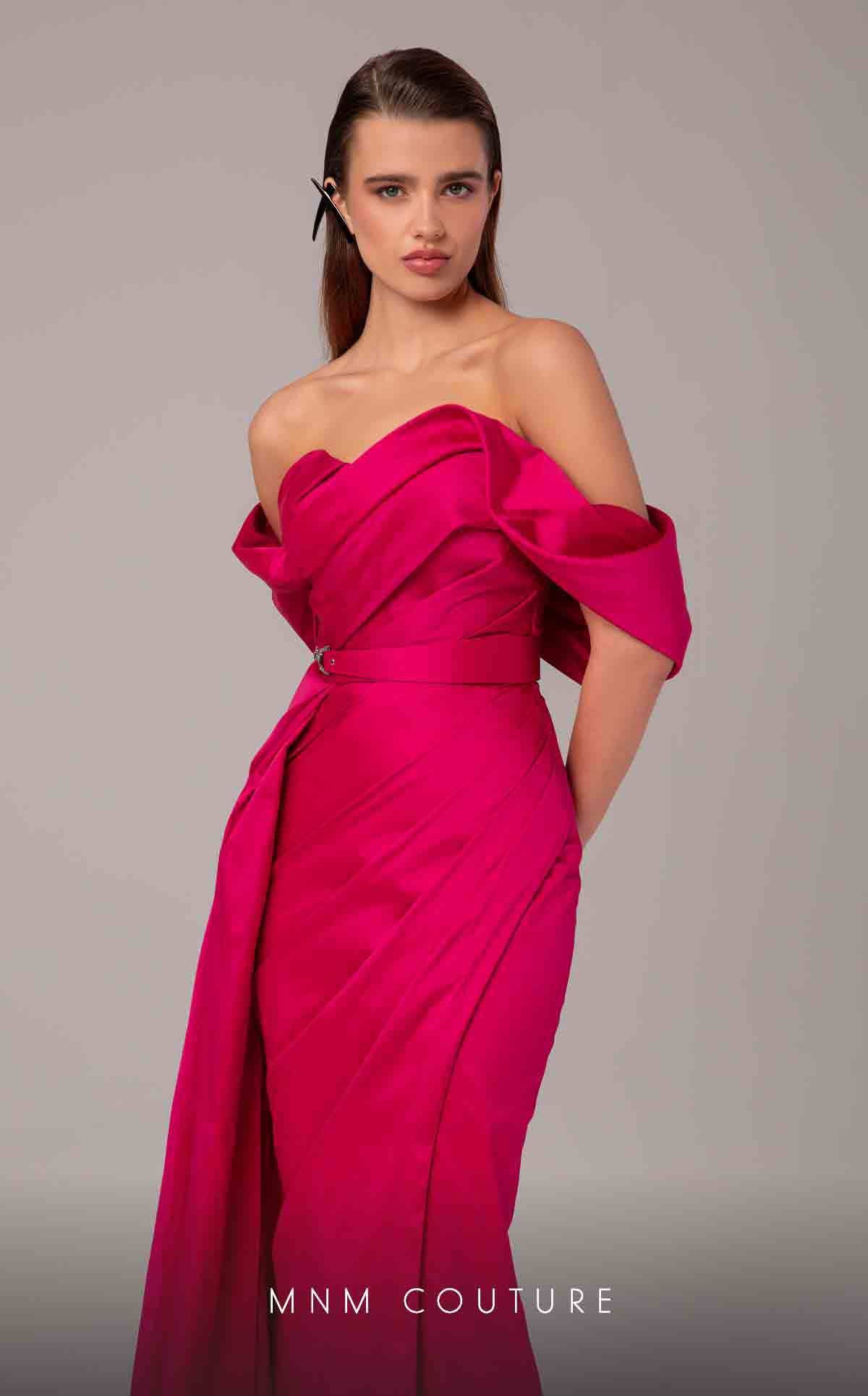 Off-Shoulder Floor-Length Satin Formal Gown by MNM Couture E0090 in Pink