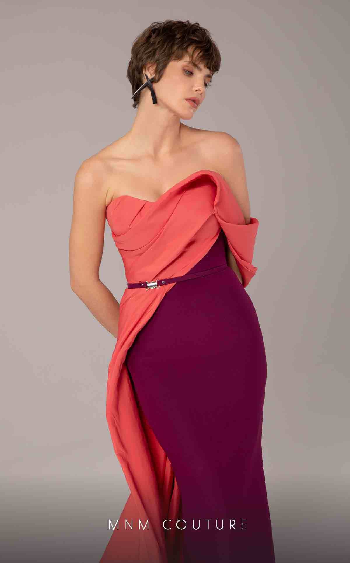 Strapless Gown with Draped Overlay by MNM Couture E0091 in Purple