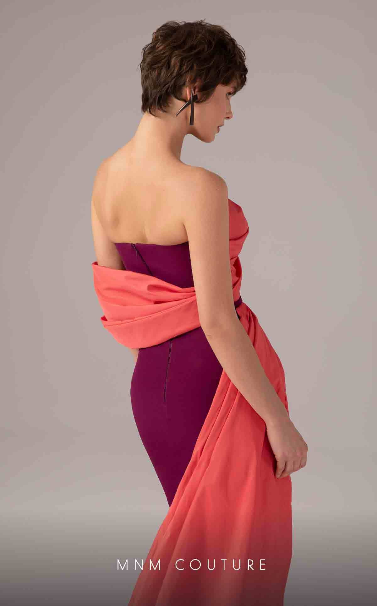 Strapless Gown with Draped Overlay by MNM Couture E0091 in Purple