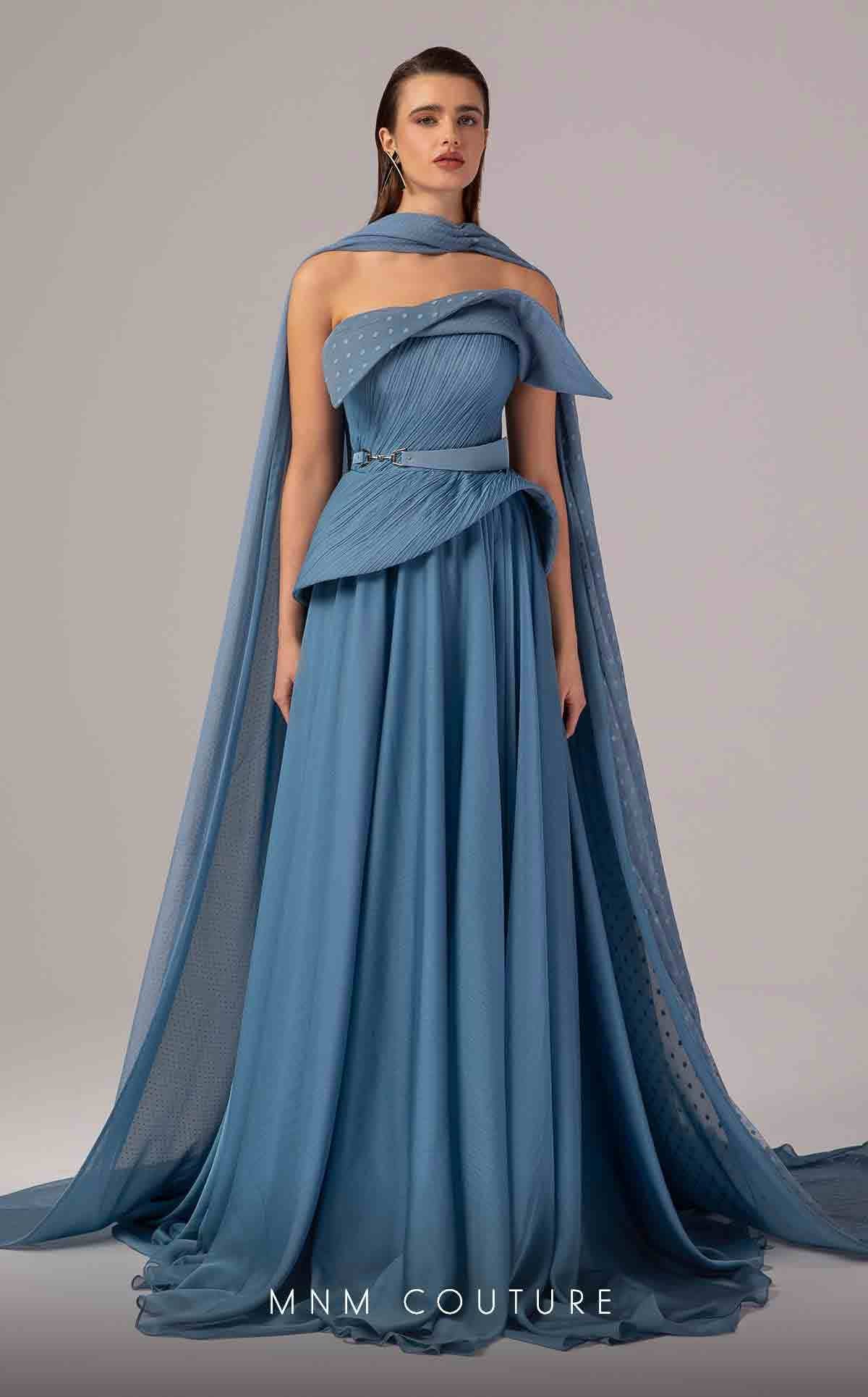 Strapless Floor Length Chiffon Evening Gown by MNM Couture E0096 in Blue