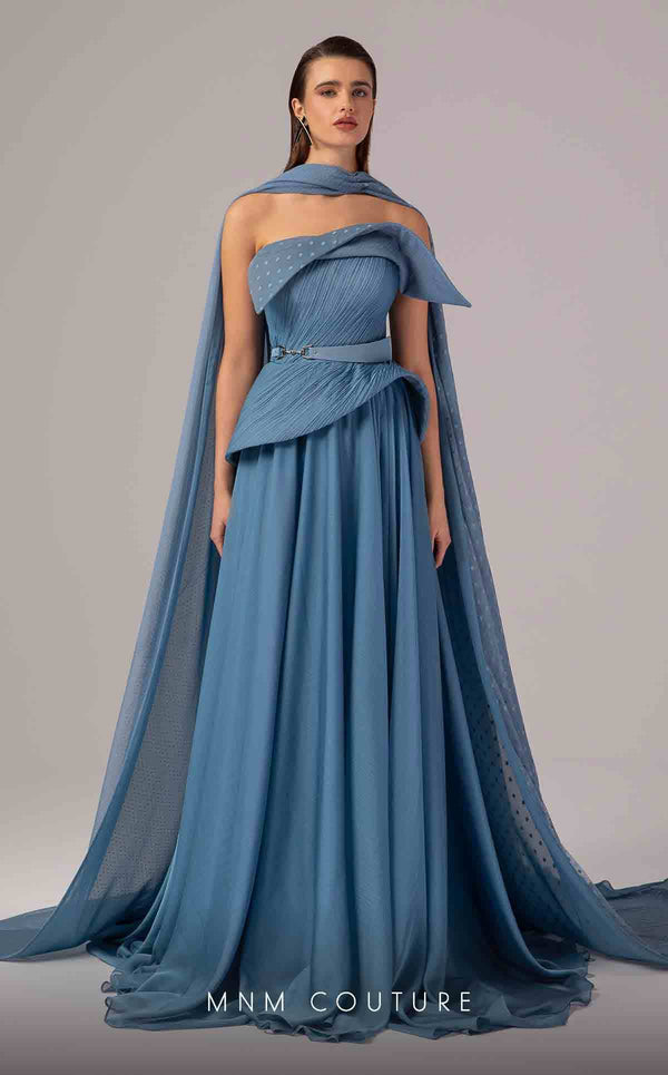 Strapless Floor Length Chiffon Evening Gown by MNM Couture E0096