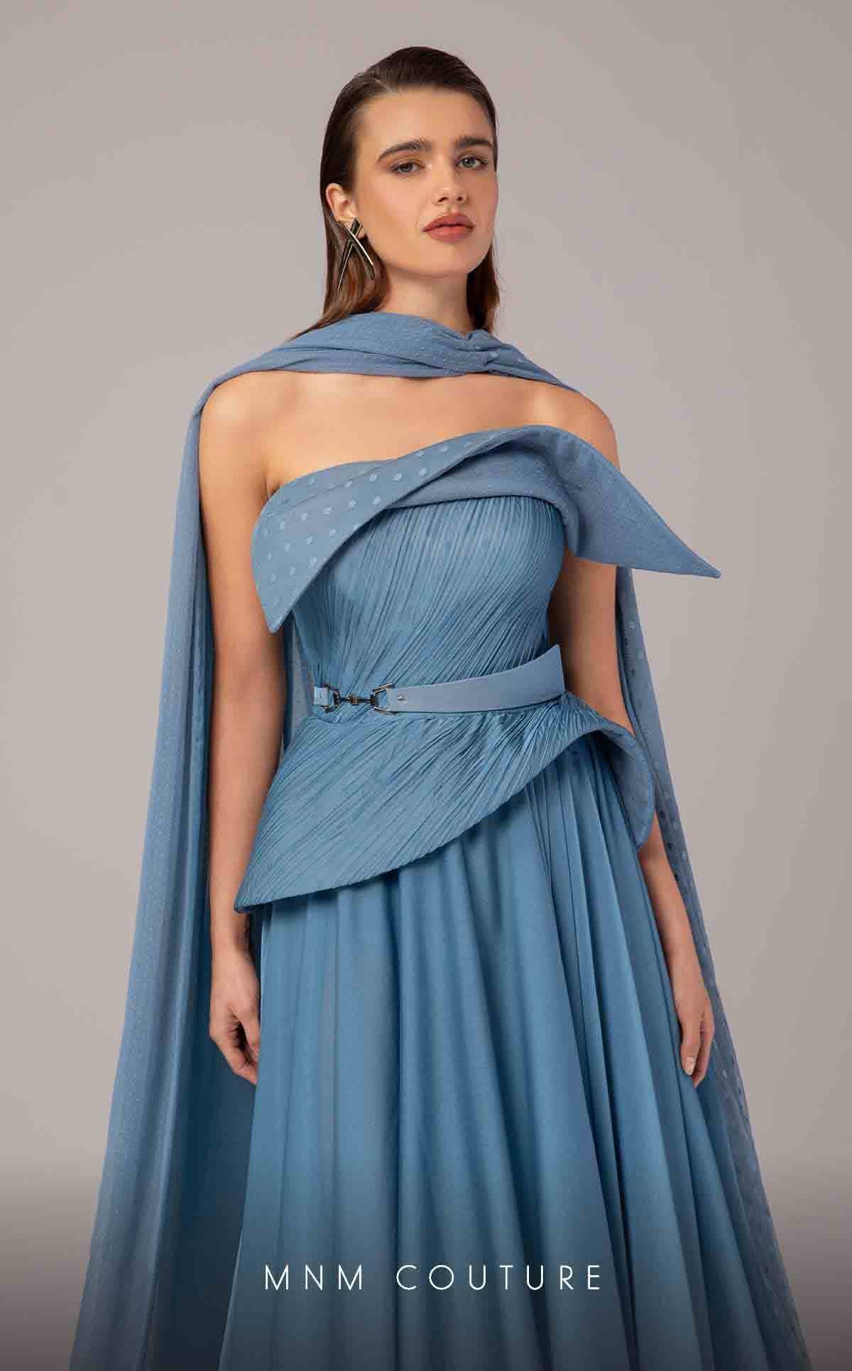 Strapless Floor Length Chiffon Evening Gown by MNM Couture E0096 in Blue