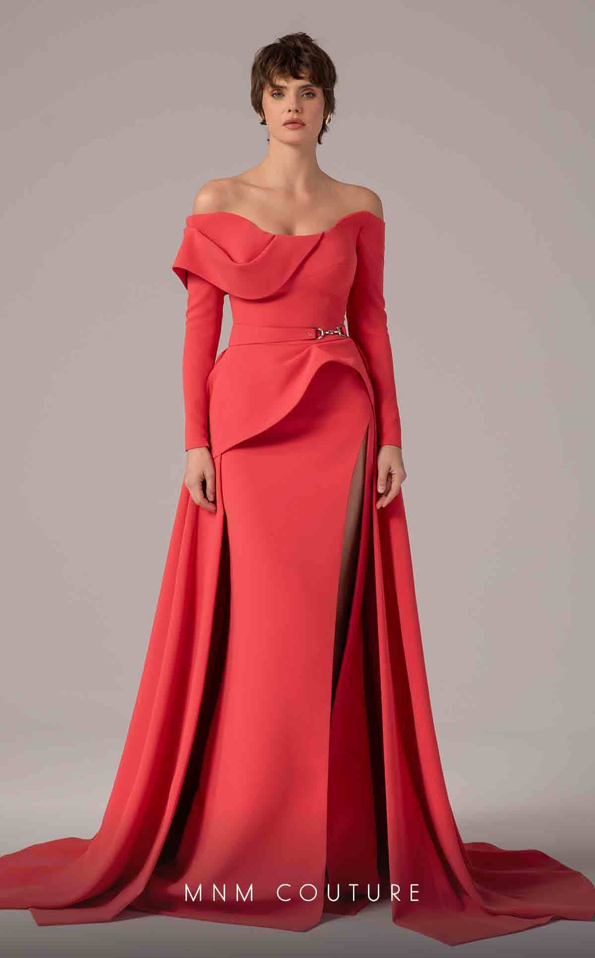 Coral Off-Shoulder Evening Gown with Sleeves