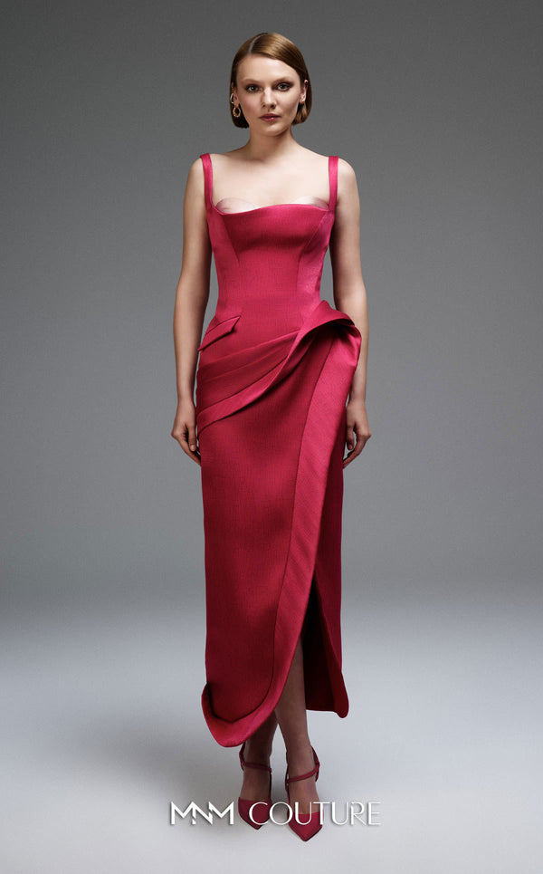 Square Neckline Midi Crepe Formal Sheath Column MNM Couture E0109