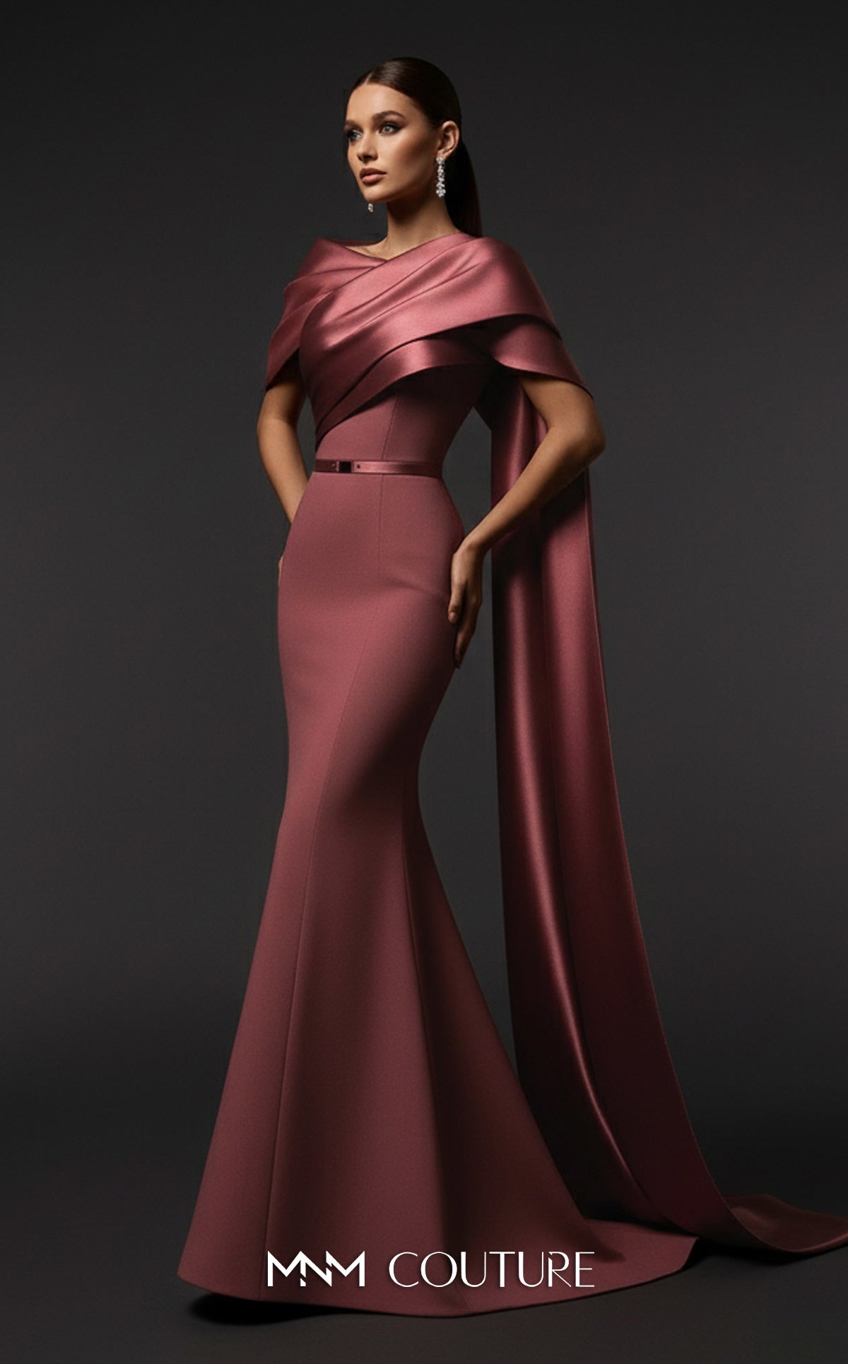 Off-Shoulder Gown with Draped Cape by MNM Couture E0125 in Mint