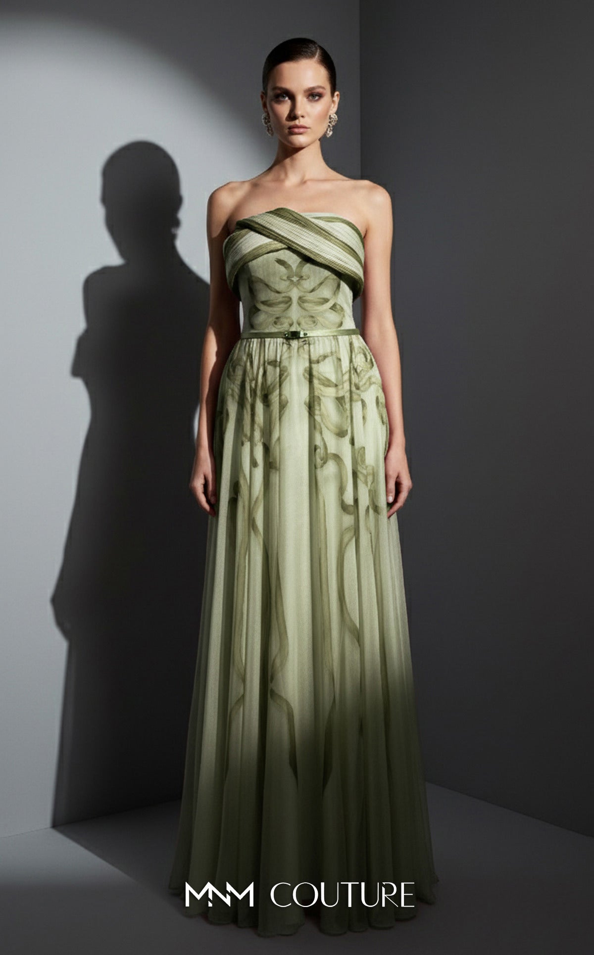 Strapless Long Tulle Formal Gown by MNM Couture E0129 in Olive