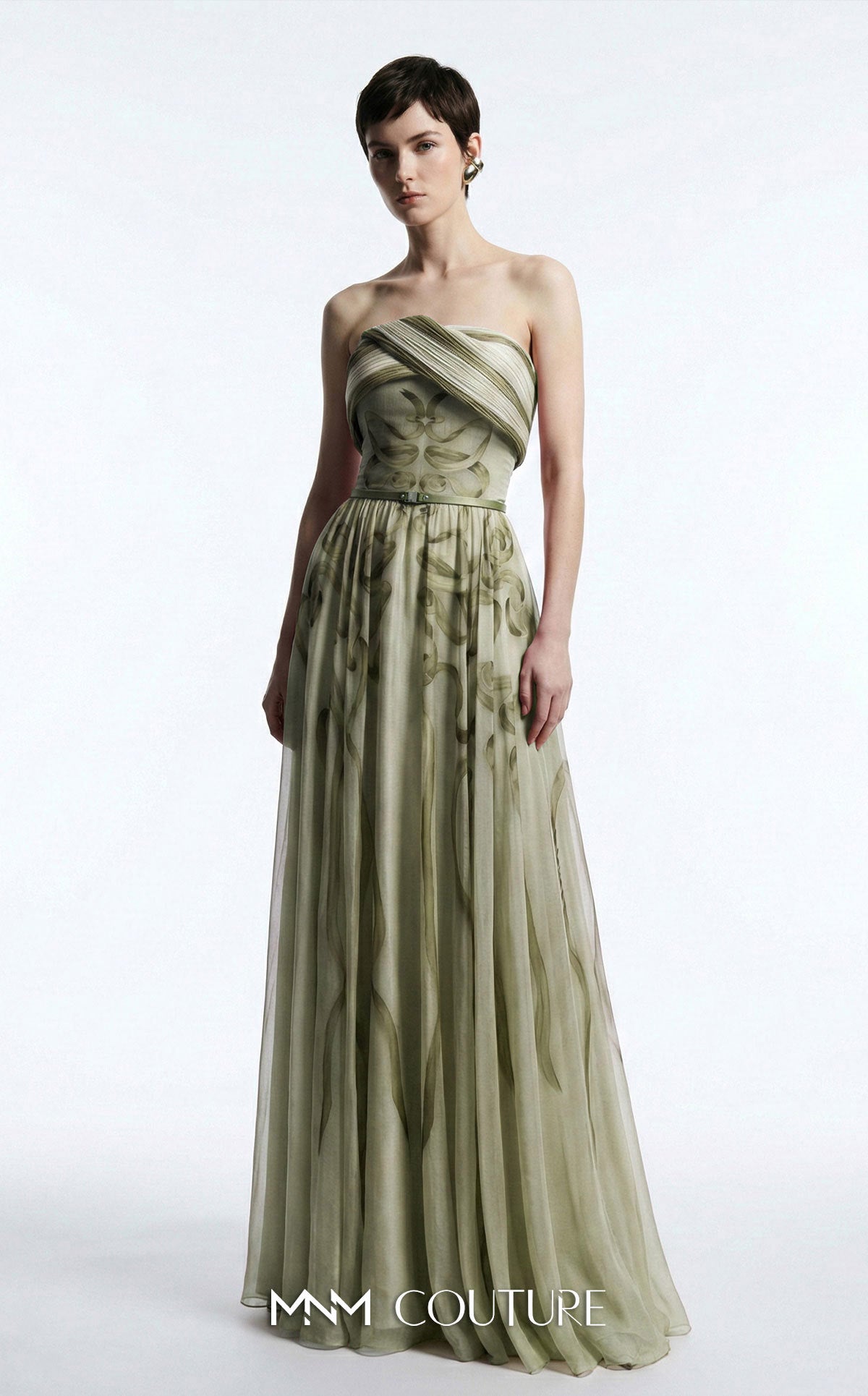 Strapless Long Tulle Formal Gown by MNM Couture E0129 in Olive