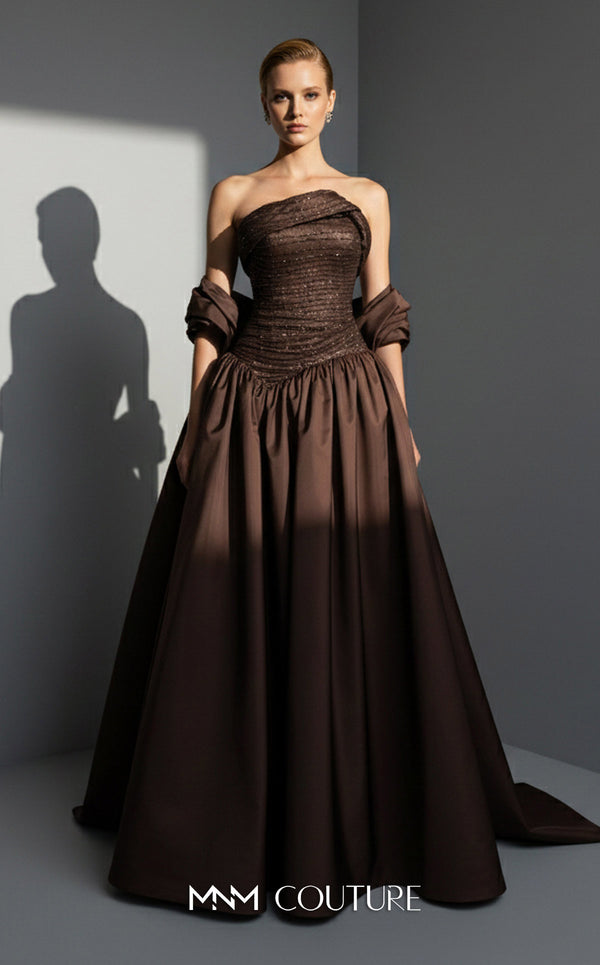 Strapless Curved Neck Floor-Length Satin Occasion Ball Gown MNM Couture E0132