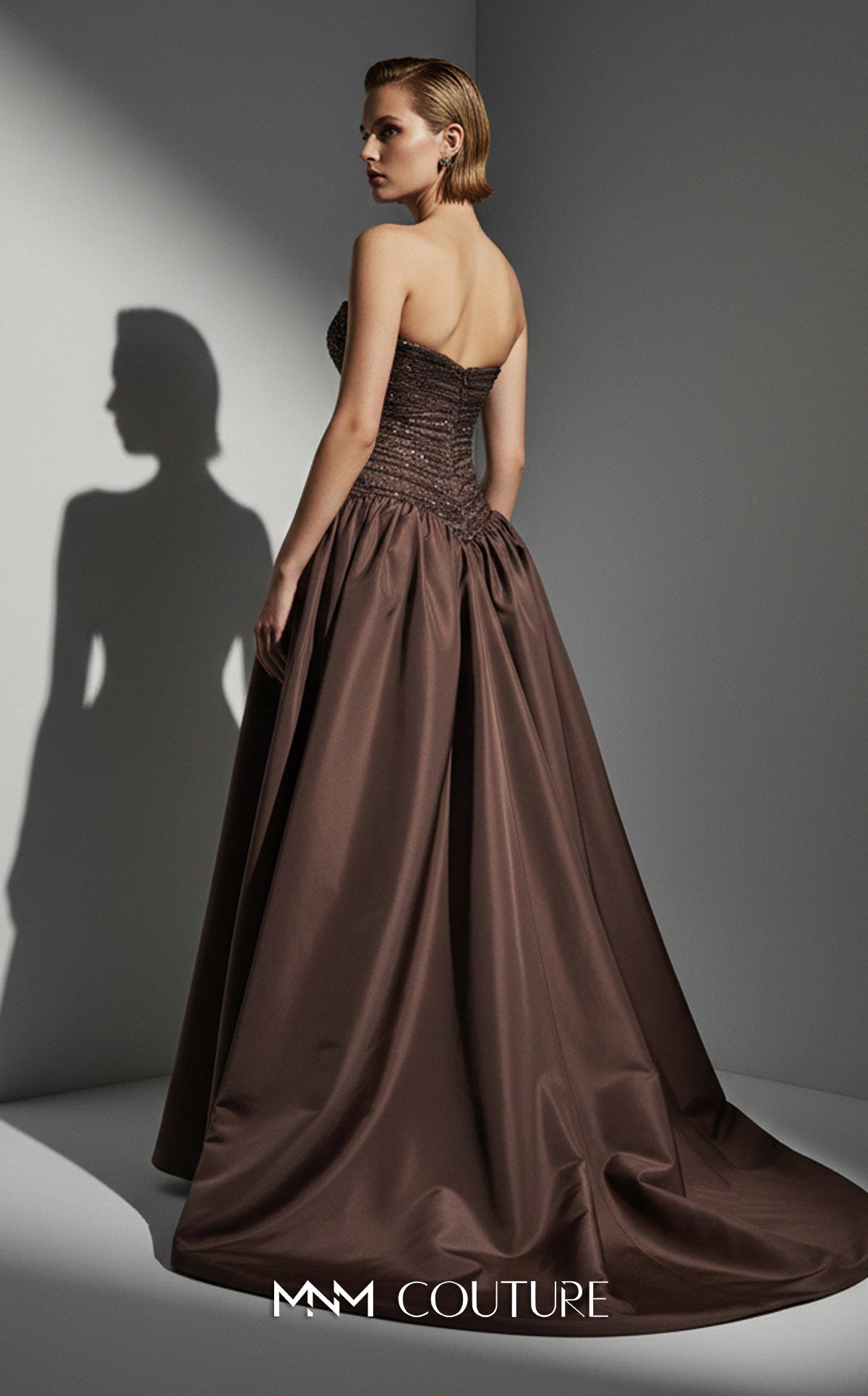 Strapless Curved Neck Floor-Length Satin Occasion Ball Gown MNM Couture E0132