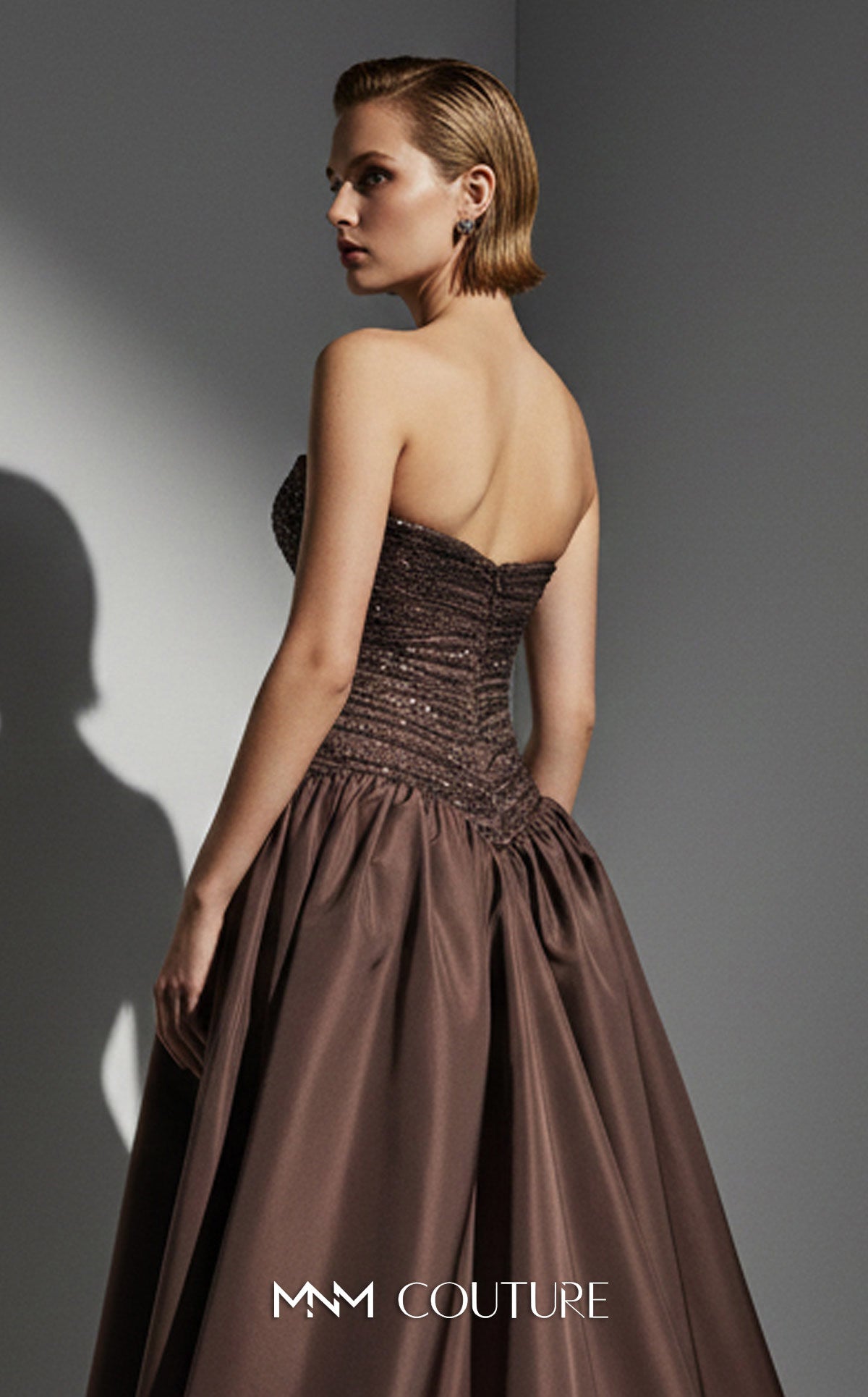 Strapless Curved Neck Floor-Length Satin Occasion Ball Gown MNM Couture E0132