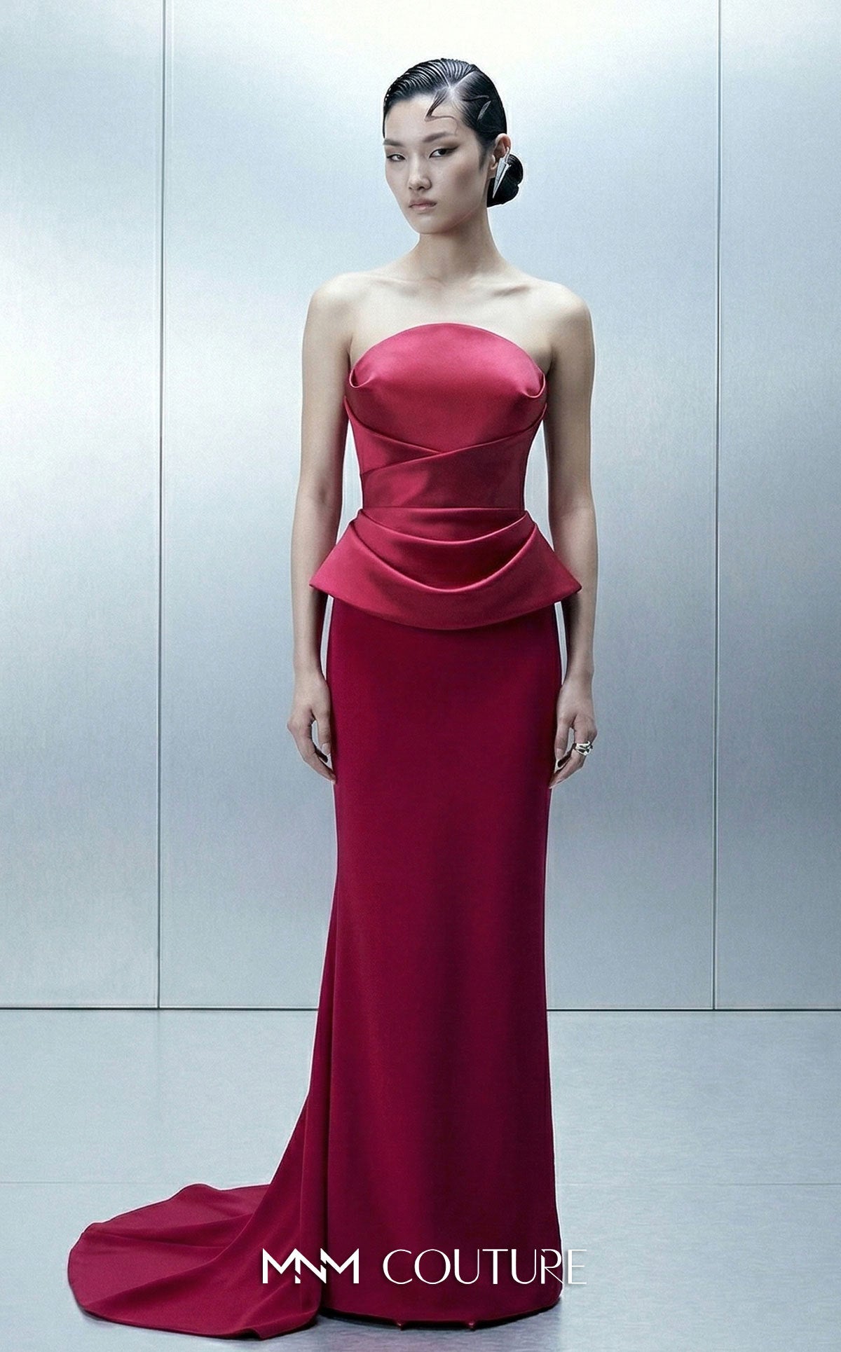 Strapless Curved Neck Floor-Length with Train Satin Formal Sheath/Colu MNM Couture E0146