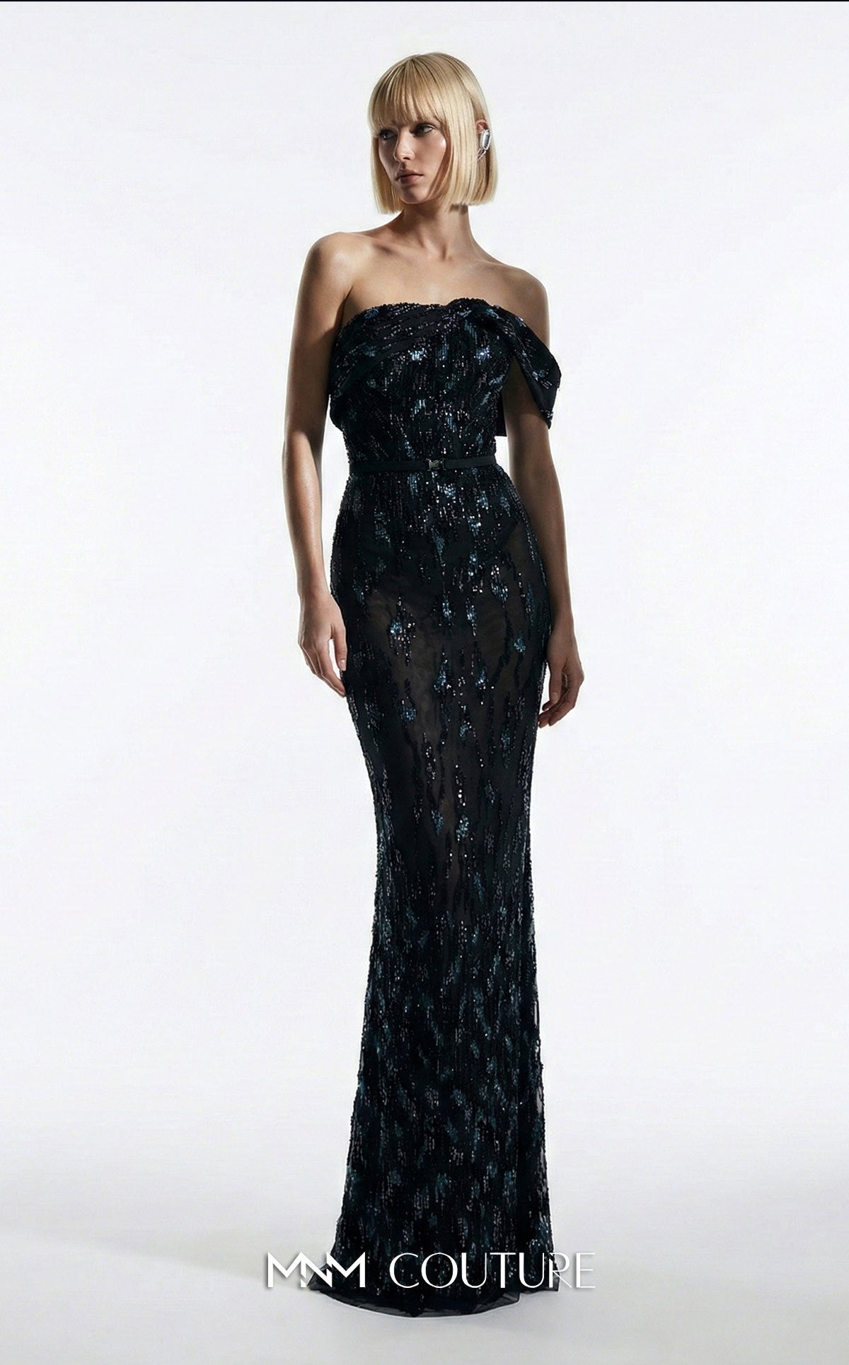 Off-the-Shoulder Floor-Length Sequin Evening Sheath MNM Couture E0148