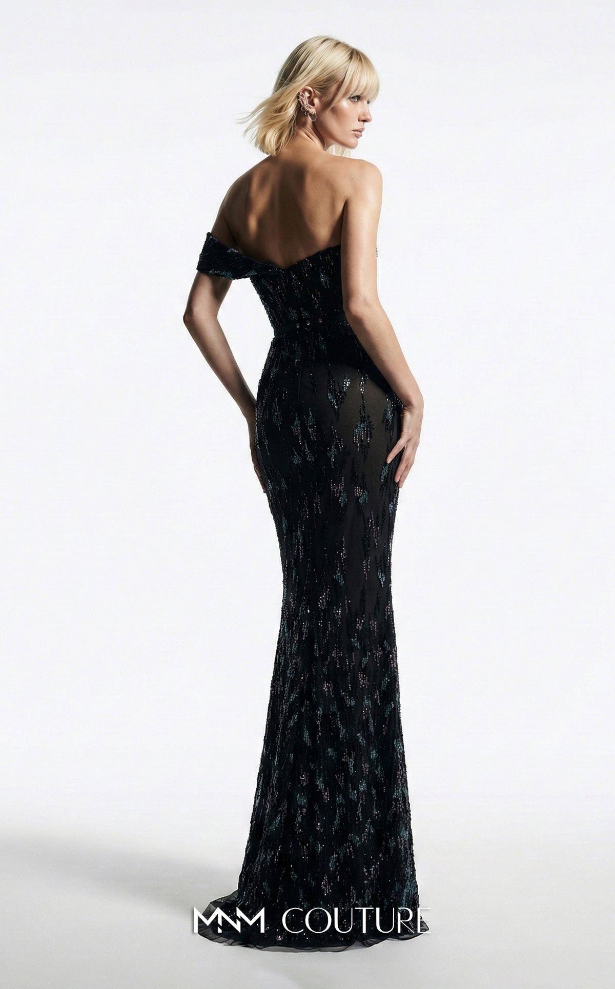 Off-the-Shoulder Floor-Length Sequin Evening Sheath MNM Couture E0148