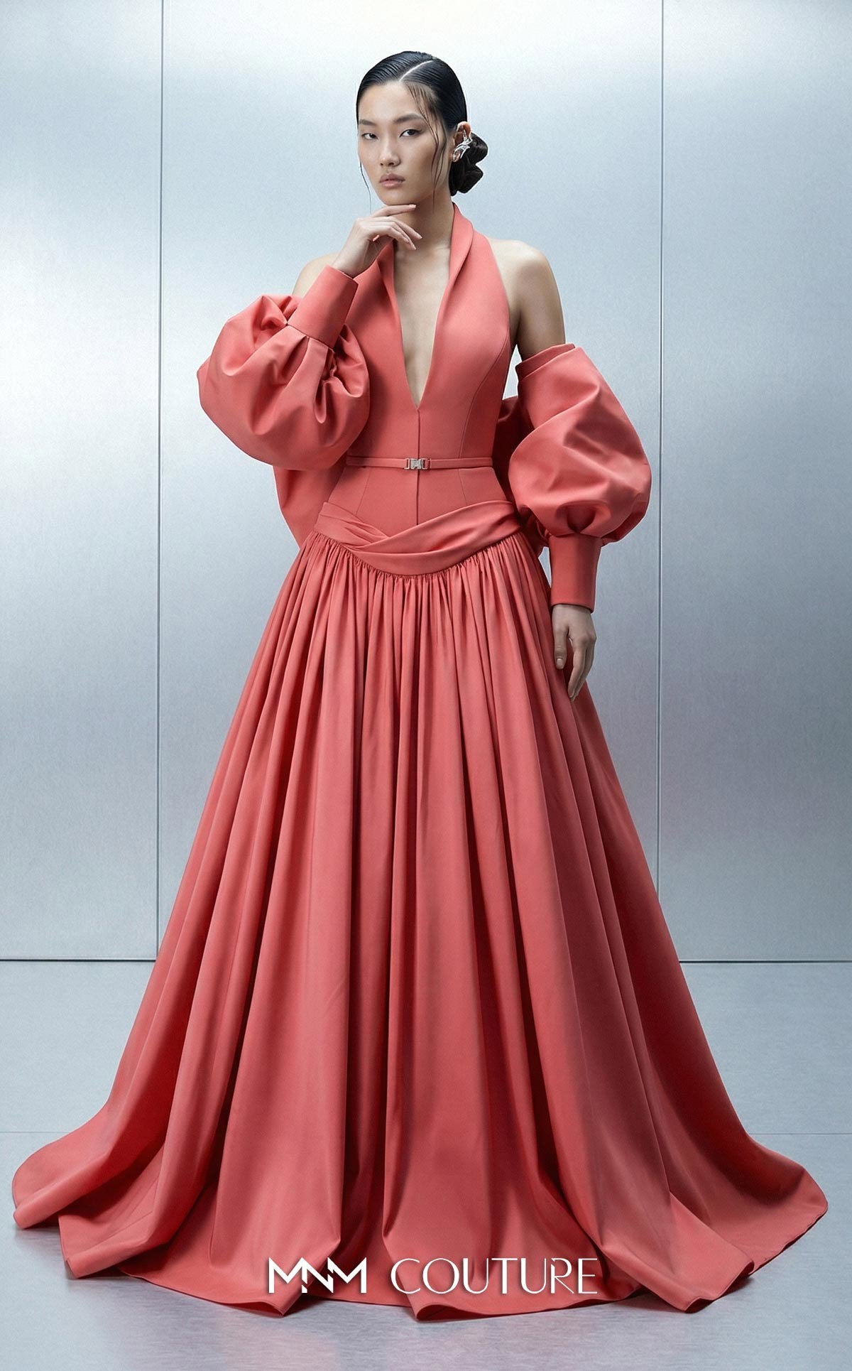 Halter Floor-Length Satin Evening Ball Gown MNM Couture E0163