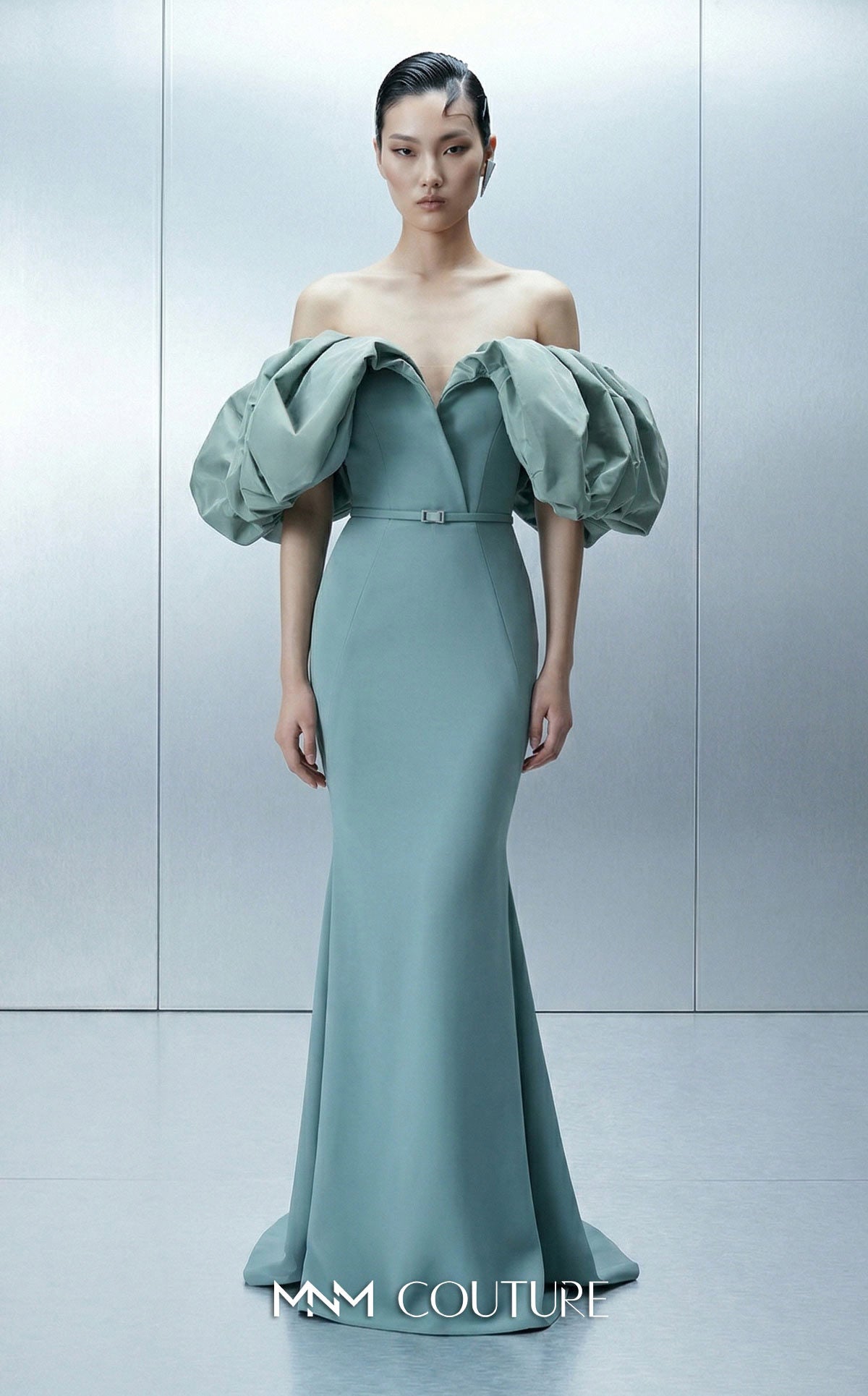Off-the-Shoulder Floor-Length Satin Evening Mermaid MNM Couture E0165