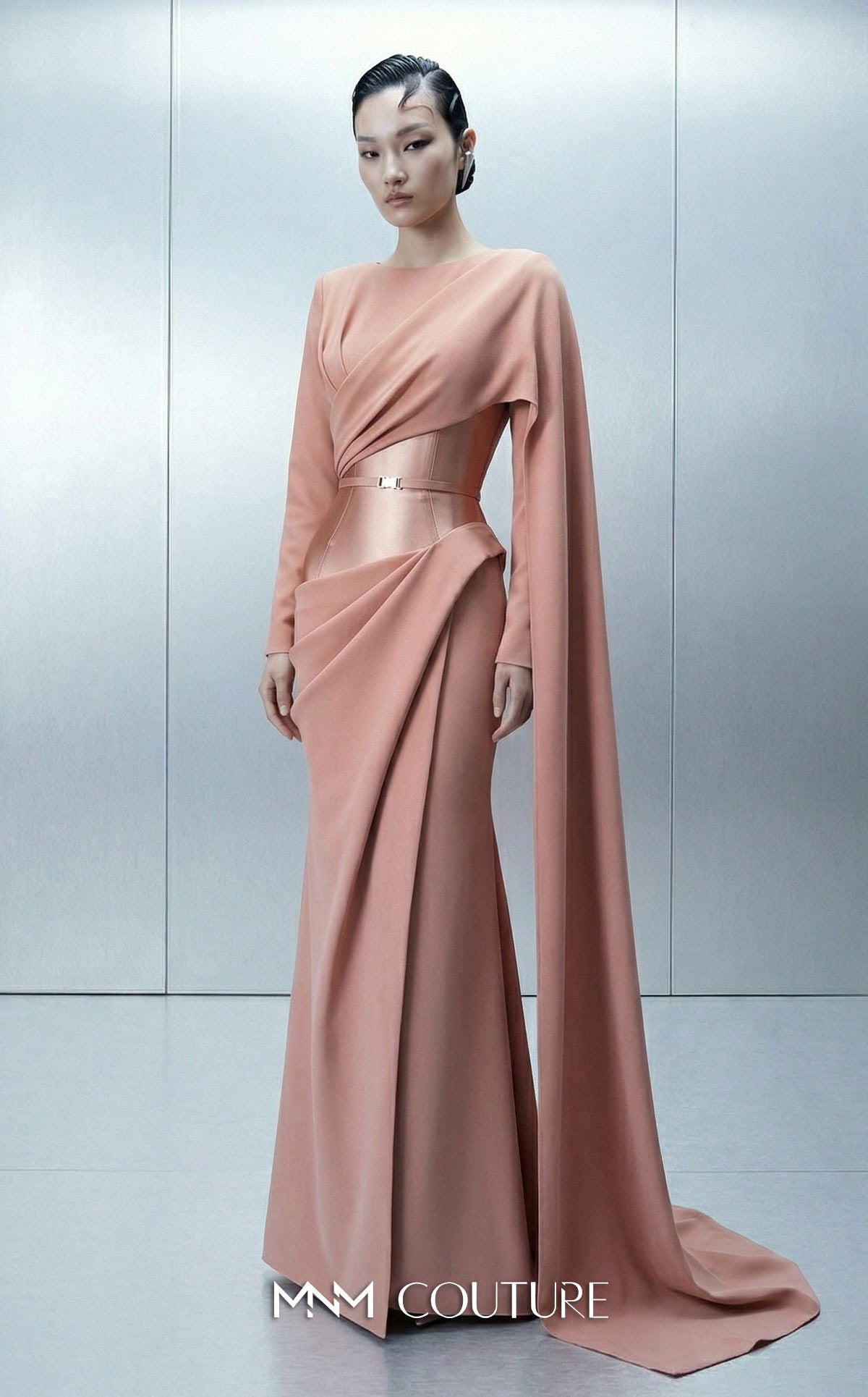 Crew/High-Neck Floor-Length Satin Evening Sheath Column MNM Couture E0166