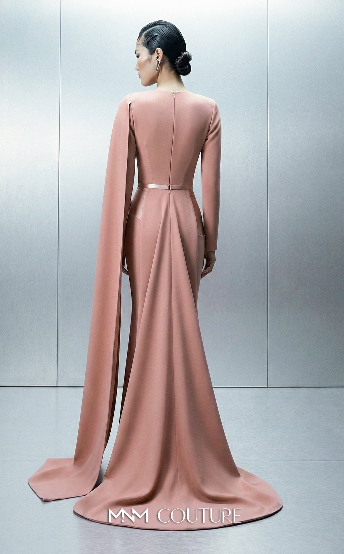 Crew/High-Neck Floor-Length Satin Evening Sheath Column MNM Couture E0166