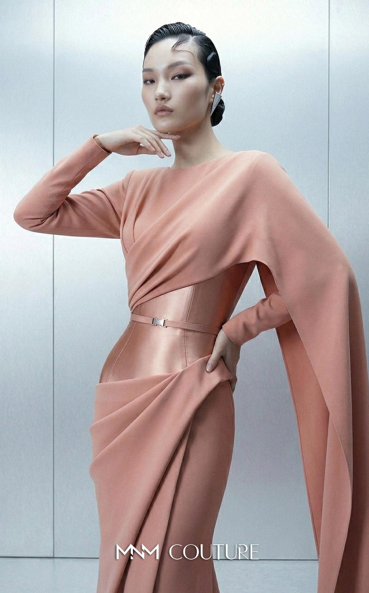 Crew/High-Neck Floor-Length Satin Evening Sheath Column MNM Couture E0166