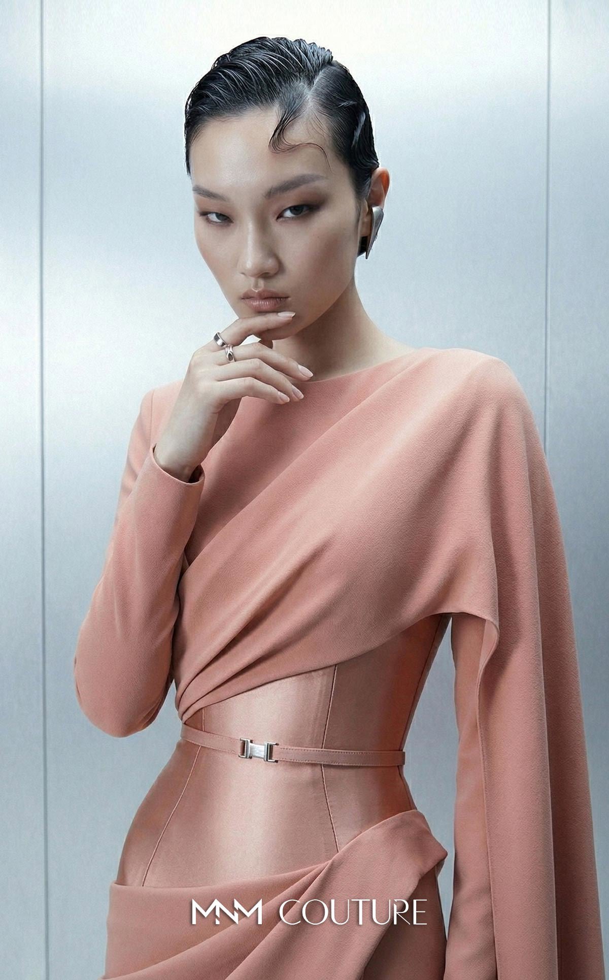 Crew/High-Neck Floor-Length Satin Evening Sheath Column MNM Couture E0166