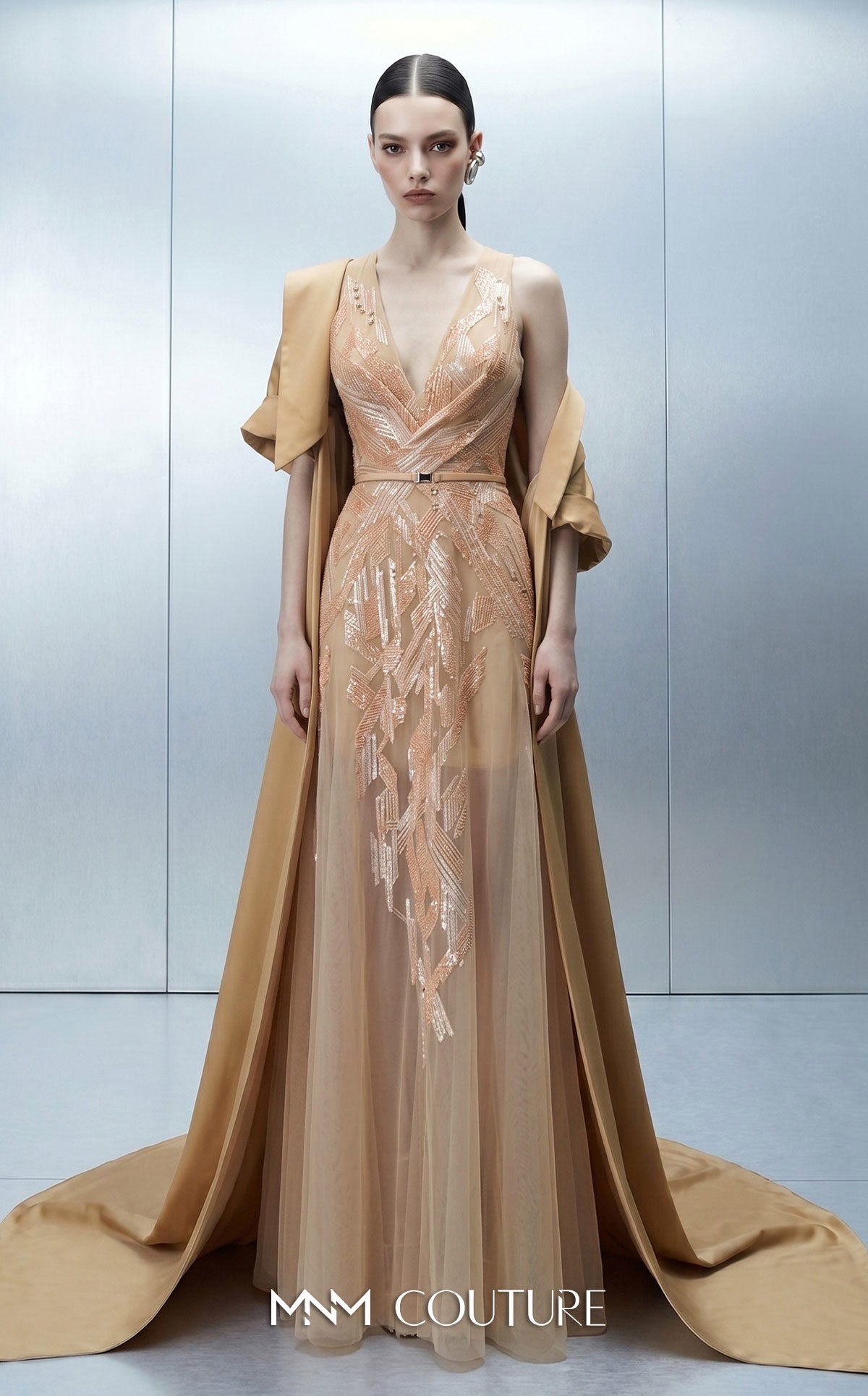 V-Neck Floor-Length Tulle Formal Mermaid MNM Couture E0170