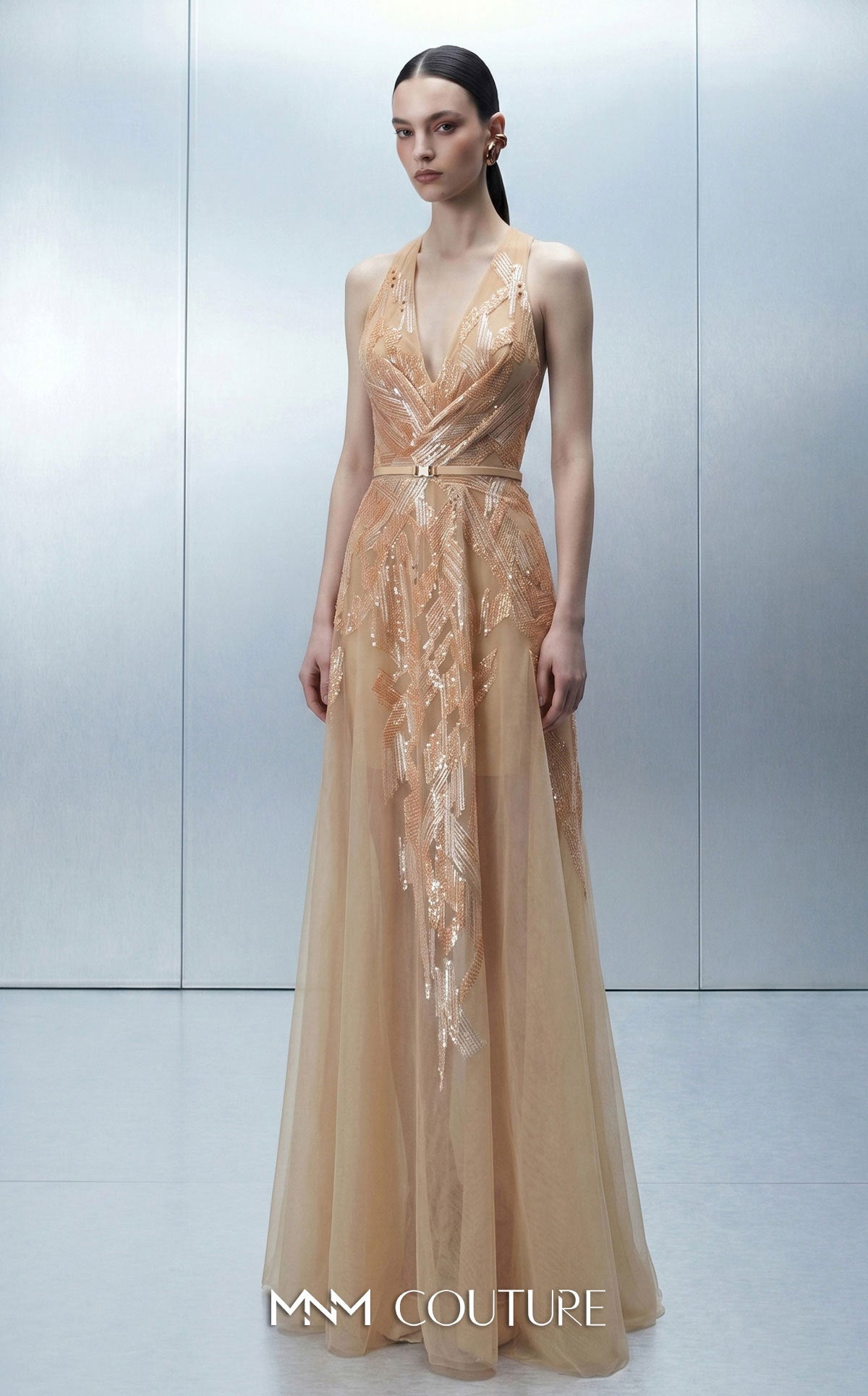 V-Neck Floor-Length Tulle Formal Mermaid MNM Couture E0170