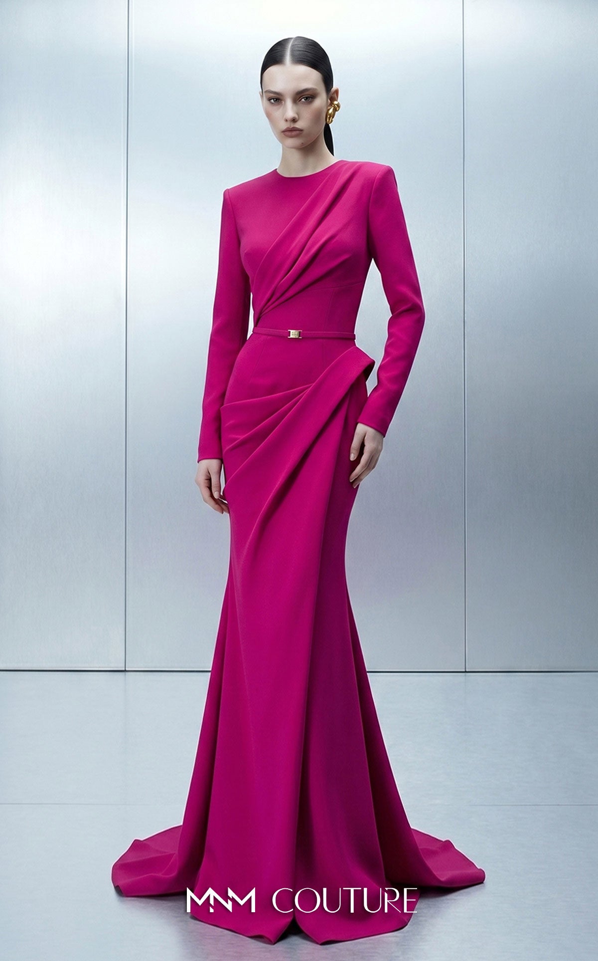 Fuchsia Crew Neck Floor-Length Crepe Formal Draped Mermaid Gown MNM Couture E0173