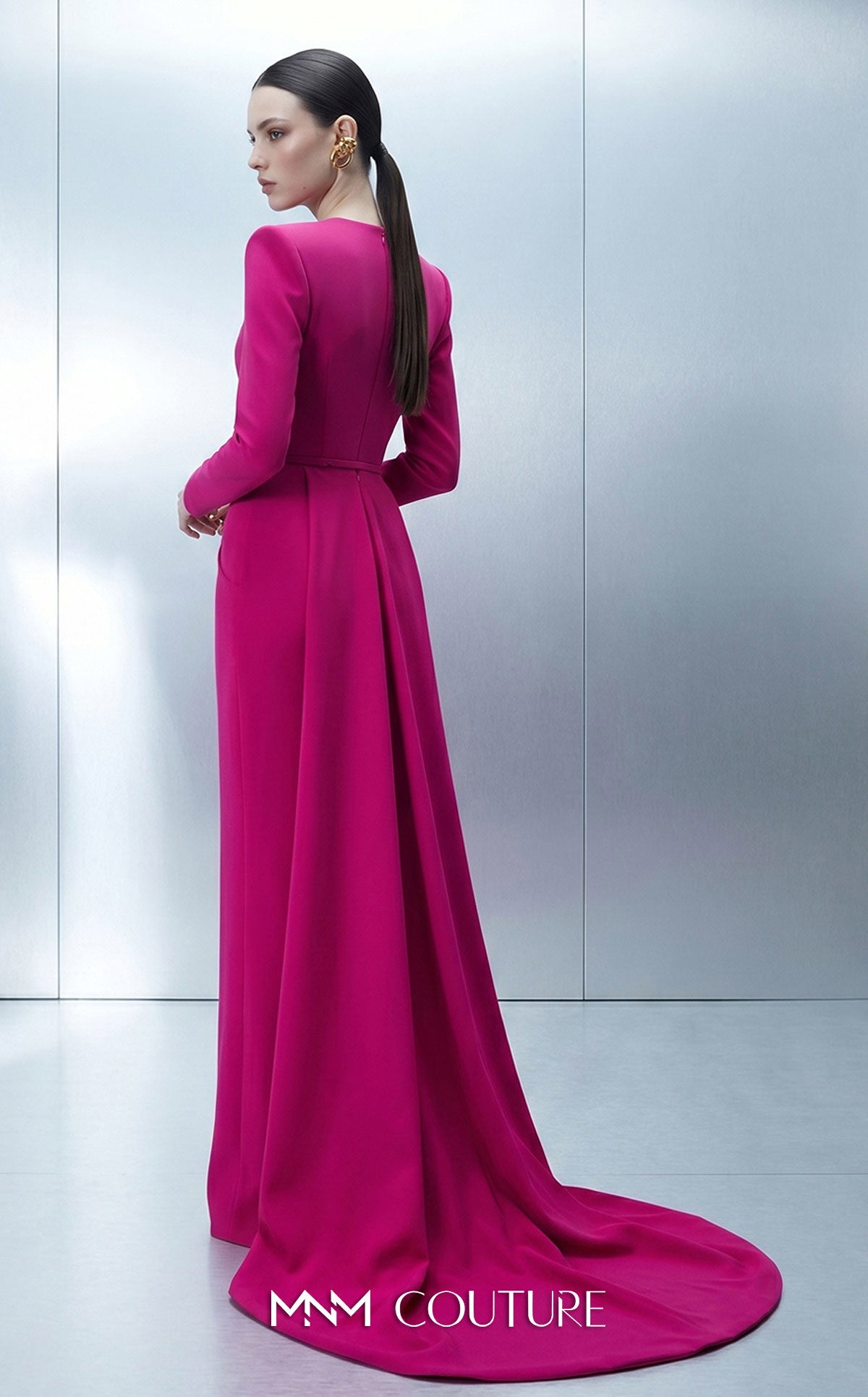 Fuchsia Crew Neck Floor-Length Crepe Formal Draped Mermaid Gown MNM Couture E0173