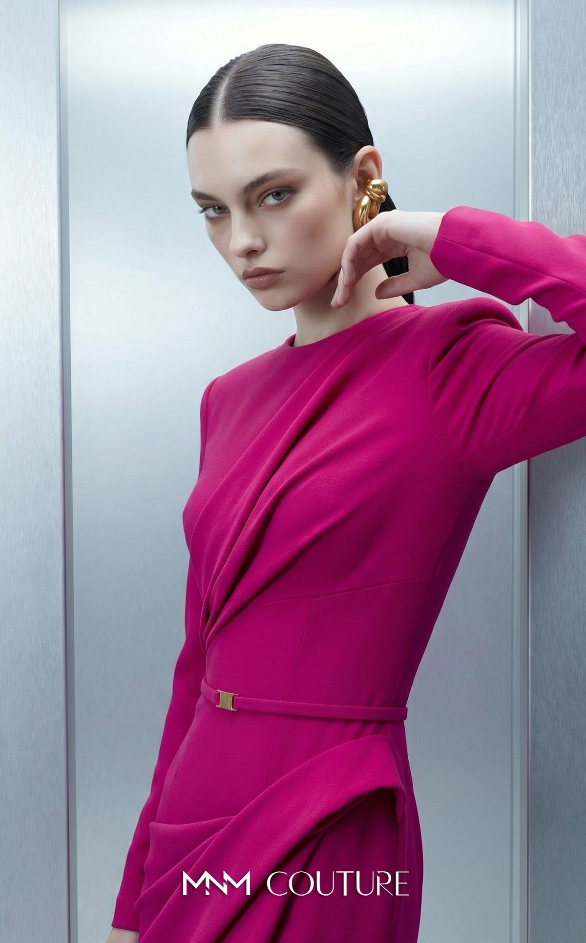 Fuchsia Crew Neck Floor-Length Crepe Formal Draped Mermaid Gown MNM Couture E0173