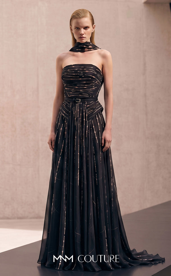Strapless Curved Neck Floor-Length Chiffon Occasion A-Line MNM Couture E0182