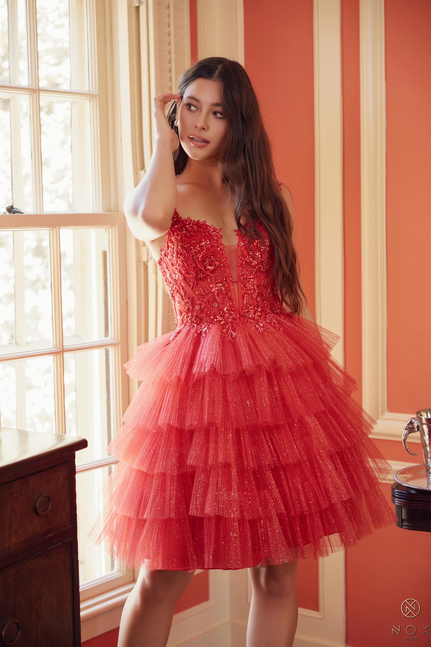 Nox Anabel E904 Short Homecoming A Line Glitter Cocktail Dress