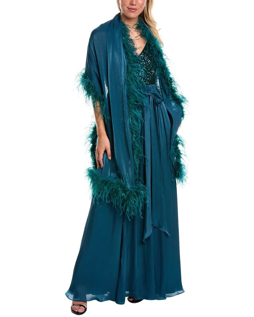 Teal V-Neck Floor-Length Chiffon Formal A-Line Gown Sequin Bodice and Feather Wrap Badgley Mischka EG3614