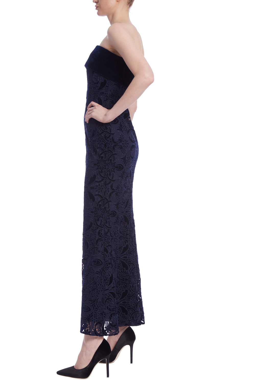 Badgley Mischka EG4330 Long Formal Lace Velvet Tea Length Dress