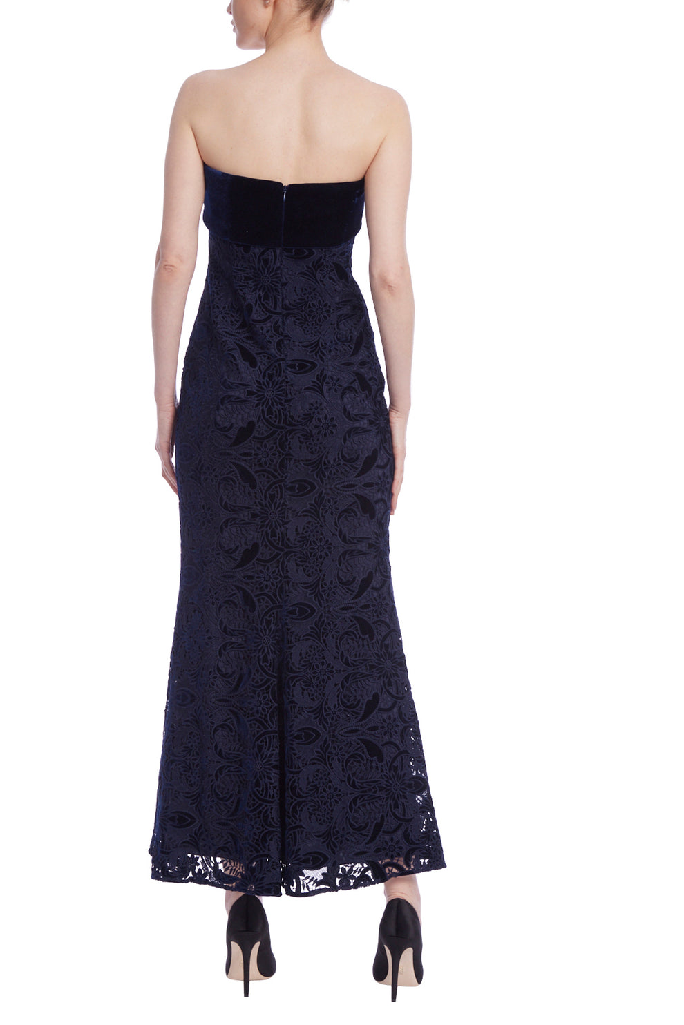 Badgley Mischka EG4330 Long Formal Lace Velvet Tea Length Dress
