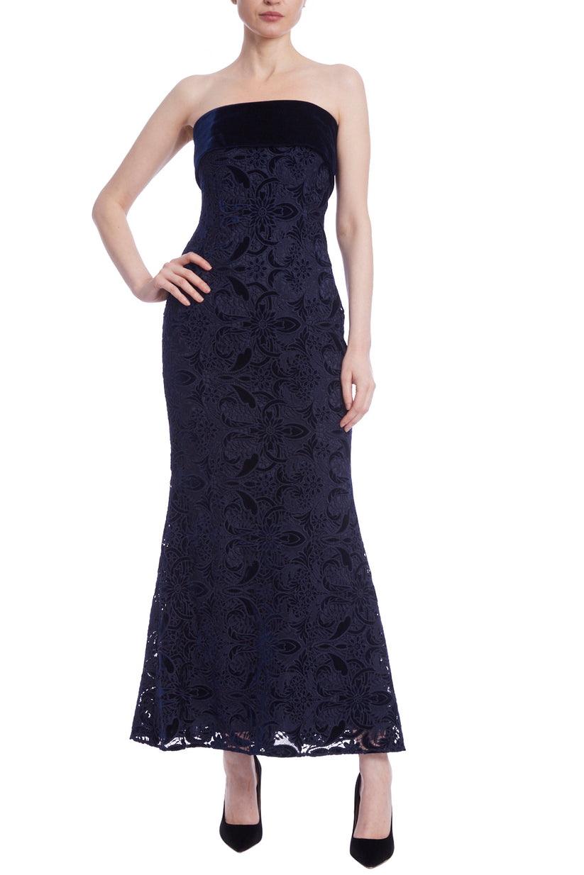 Badgley Mischka EG4330 Long Formal Lace Velvet Tea Length Dress