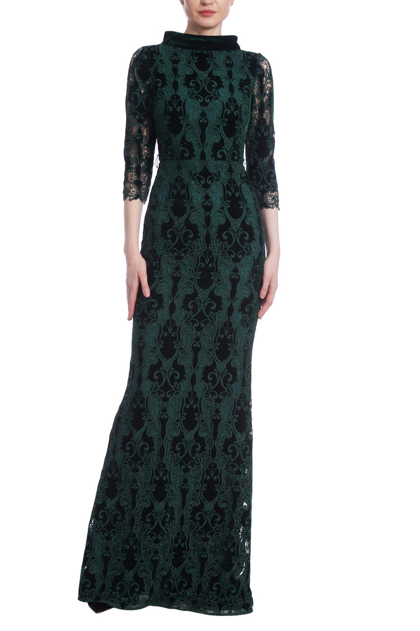 Badgley Mischka EG4340 Long Formal Lace Velvet Evening Dress