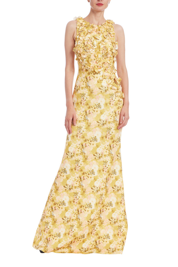 Jewel Neck Floor-Length Mikado Formal Sheath Dress 3D Floral Appliqué Badgley Mischka EG4449