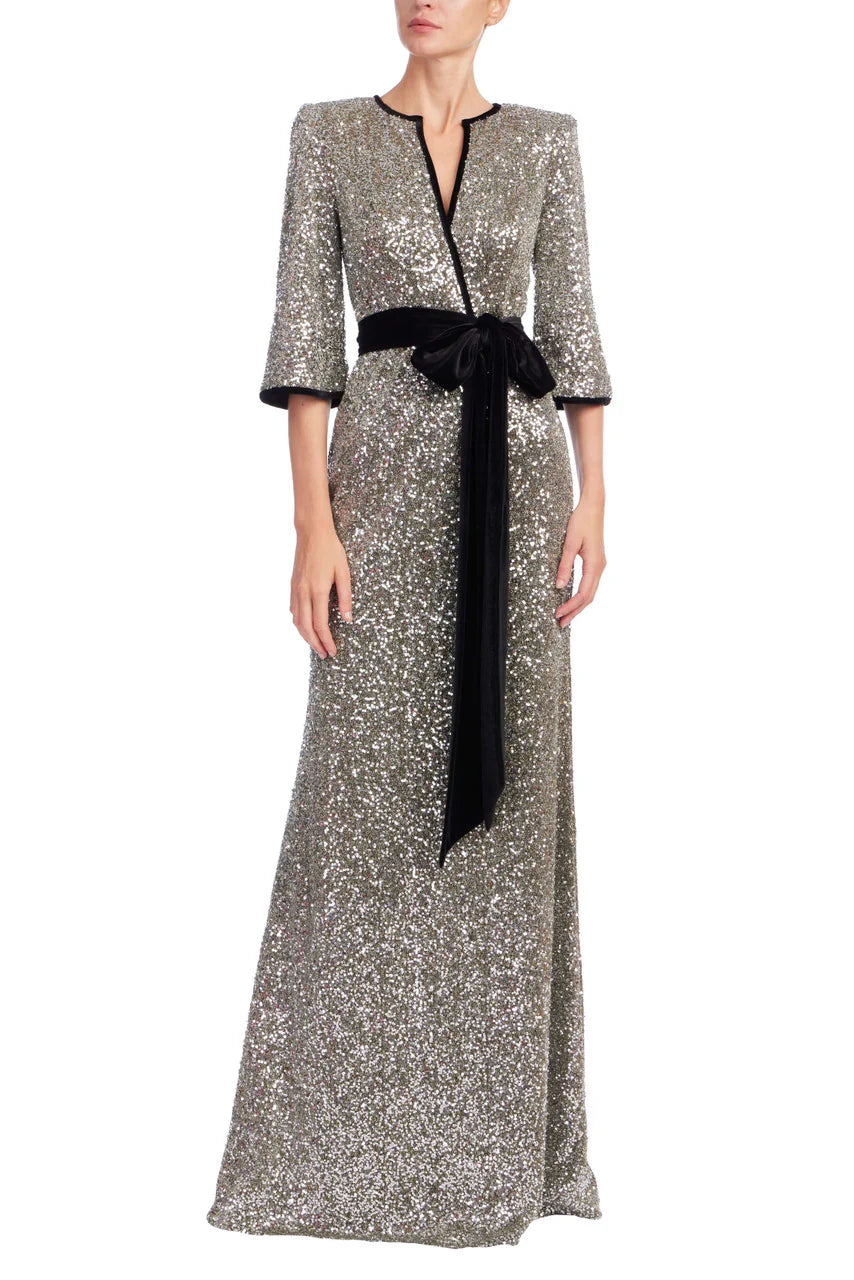 Badgley Mischka Sequined & Velvet Sash V-Neck Gown EG4584B
