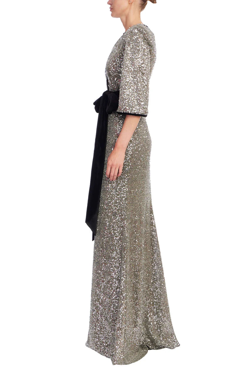 Badgley Mischka Sequined & Velvet Sash V-Neck Gown EG4584B